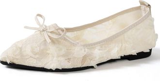 Generic Womens Pointed Toe Ballet Flats Mesh Flowers Decor Soft Sole Lightweight Comfort Elegant Shoes for Casual and Party (Beige,5.5)
