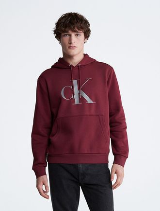 Calvin Klein Mens Monogram Logo Fleece Hoodie - Red - XL