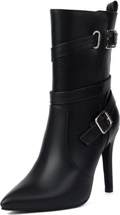 Generic Womens Elegant Pointed Toe Mid-Calf Boots with Double Buckle Straps & Stiletto Heel, for Casual & Evening Wear,Black,7.5 UK
