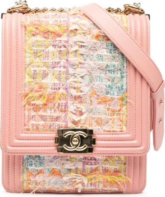 Chanel Pre-owned Womens Quilted Tweed And Calfskin North South Boy Flap - Light Pink Textile - One Size