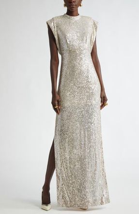 St. John Sequin Embroidered Drape Back Gown in Champagne at Nordstrom, Size 14