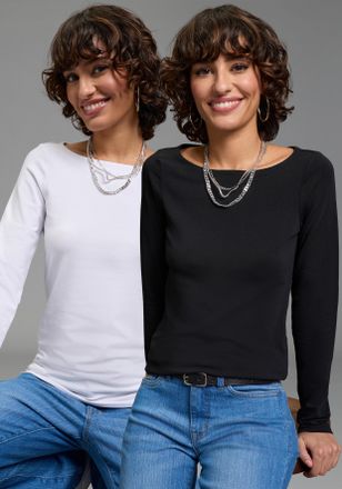 Laura Scott Longsleeve LAURA SCOTT, Damen, Gr. 32/34, wei&szlig;, schwarz, Single Jersey, Obermaterial: 95% Baumwolle, 5% Elasthan, Basic, Basic h&uuml;ftbedeckend, U-Boot-A