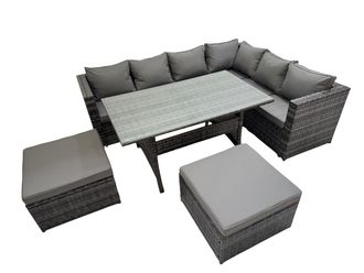 Fimous 8 Seater Patio Dining Corner Sofa Sets with Big Stools Dark Grey Mixed