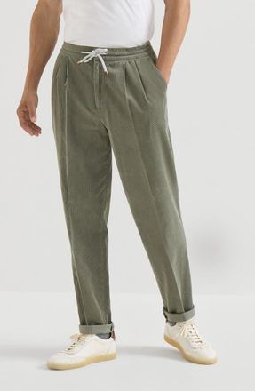 Brunello Cucinelli Garment-dyed trousers in cotton narrow wale corduroy with drawstring and double pleats in Military at Nordstrom, Size 58 It