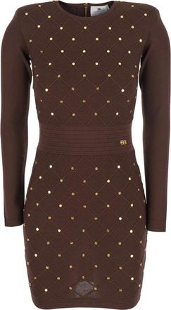 Elisabetta Franchi Mini Gebreide Jurk met Siersteendetails - Dames - Kleedjes - Bruin - L - Wol - Kleedjes