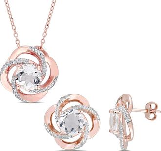 Amour 2 Pc Set Of 7 3/4 CT TGW White Topaz Swirl Stud Earrings & Necklace In Rose Plated Sterling Silver