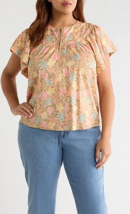 Wit & Wisdom Floral Flutter Sleeve Quarter Zip Top in Golden Sugar Multi at Nordstrom, Size 1X