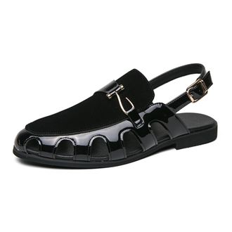 Generic Mens Leather Flat Sandals Close Toe Roman Sandals Shoes Comfortable Dress Buckle Summer Shoes (Black,6.5)
