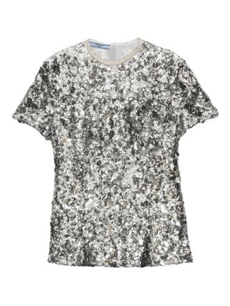 Prada sequin-embellished short-sleeved blouse - Silver