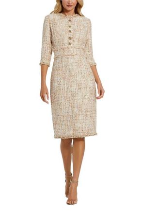 Mac Duggal High neck 3/4 Sleeve Beaded Trim Midi Dress in Blush at Nordstrom, Size 12