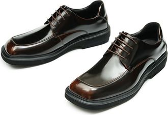 Generic Mens Low Block Heel Platform Dress Shoes Square Toe Patent Leather Business Oxfords Lace Up Formal Wedding Shoes,Brown,7.5 UK