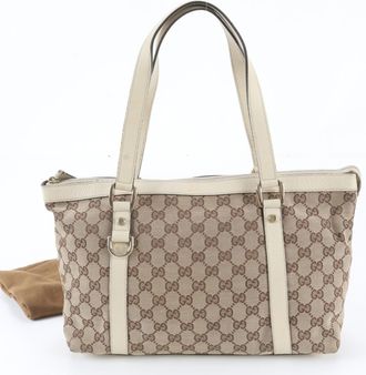 Gucci Beige Leather Canvas Handbag Shoulder Bag Tote Bag (Pre-Owned)
