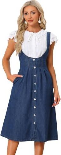 Allegra K Robe Salopette en Jean Femme a Bretelles Robe Midi Boutonnee Combinaison Vintage Classique Col en U Robe Mi Longue en Jean avec Poches Bleu Fonce XL des 49 99 sur