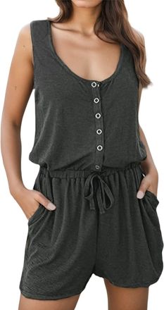 Generic Summer Playsuits for Women UK Strapless Short Playsuits All in One Shorts Playsuit Jumpsuit Shorts for Women Ladies Casual Button Elastic Waist Tank R