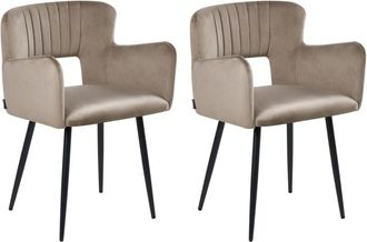 Beliani Set of 2 Chairs Dining Chair Taupe Velvet with Armrests Cut-Out Backrest Black Metal Legs SANILAC
