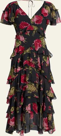 Cinq &agrave; Sept Baroque Roses Tatum Tiered Ruffle Midi Dress
