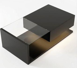 Urban Meuble Mesa de centro negra brillante en cristal con led y almacenamiento