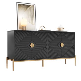 STILVORA Aparador Con 4 Puertas Y Patas De Metal, Relieve Geom&eacute;trico 3d, Estilo Moderno, En Mdf, Negro, 162&times;40&times;80 Cm