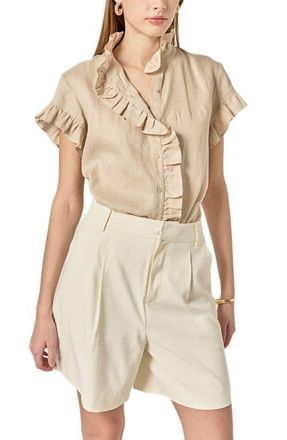 English Factory Ruffle Trim Linen Button-Up Shirt in Natural at Nordstrom, Size X-Small