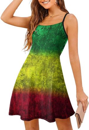 Generic Red Yellow Green Rasta Flag Womens Mini Dress Sleeveless Club Party Dresses Casual Spaghetti Straps L