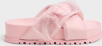 Charles & Keith Satin Flower-Applique Crossover Sandals