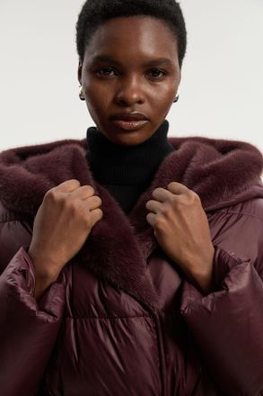 Karen Millen Womens Premium Faux Fur Lined Padded Hooded Belted Midi Coat - Chocolate Nylon - Size 14 UK