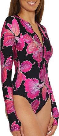 Trina Turk Womens Floral Long Sleeve Front Zip One Piece Swimsuit In Black And Pink