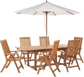 Beliani Conjunto De Comedor 6 Plazas De Madera De Acacia Beige Cojines Sillas Sombrilla Java