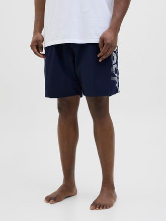 Jack & Jones Plus Size Badeshorts JPSTMAUI JJSWIM SPLICE LOGO AKM SN PLS, Herren, Gr. 42, N-Gr, blau (navy blazer), Web, Recycling-Polyester, JACK & JONES PLUSSIZE, bedruckt