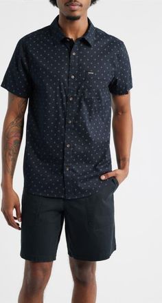 Brixton Charter Print Short Sleeve Button-Up Shirt in Black/future Grey Diamond Tile at Nordstrom, Size Small