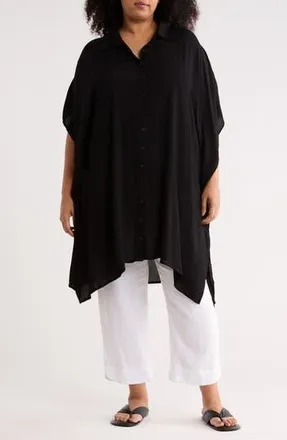 Boho Me Button Front Sharkbite Hem Cover-Up Tunic in Black at Nordstrom Rack, Size 3X