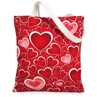 Generic Heart Pattern Canvas Tote Bags, Romantic Love Design Reusable Grocery Bags, Winter Vintage Chic Lightweight Washable Should, Red, 13x15 Inch