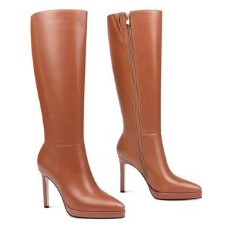 MERUMOTE Knee High Boots for Women Pointed Toe Platform Stiletto Heel High Heel Side Zipper, Brown Matte, 4.5 UK