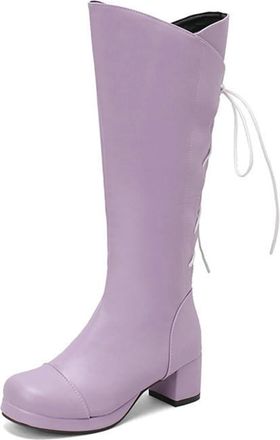 Generic Womens Elastic Lace Up Knee High Boots with Side Zipper Comfort Platform Round Toe Block Heels Winter Dress Shoes (5.5,Purple)