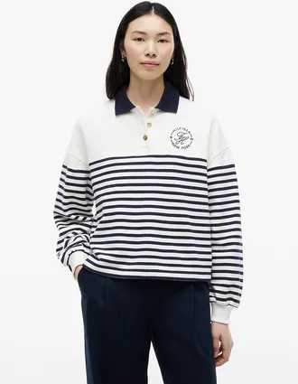 Tommy Hilfiger Womens Nautical Breton Stripe Polo Sweatshirt - Ecru / Navy Blue Stripe - XL
