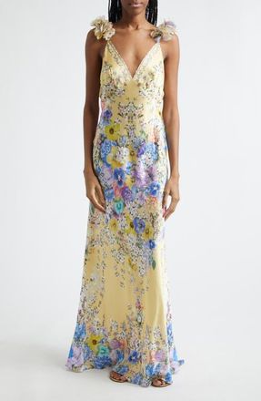 Camilla Darling Buds Bias Cut Silk Satin Maxi Slipdress at Nordstrom, Size Large