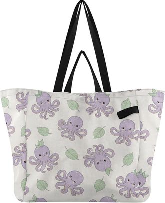 Generic Sea Animals Purple pattern Reusable Canvas Tote Bag, Heavy Duty Grocery Shopping Bag with Double Handles Hard Bottom Large Capacity Work Groceries Tra