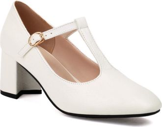 Generic Womens Crocodile Embossed PU Leather T Strap Pumps Adjustable Gold Buckle Square Toe Chunky Block Heel Non Slip Durable Comfortable Dress Shoes,White,