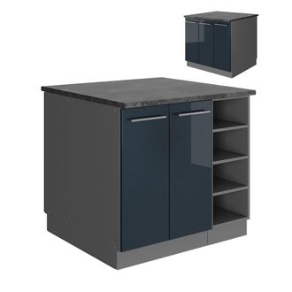 Vicco Isla De Cocina Fame-line, Azul Oscuro Alto Brillo/antracita, 90 Cm Sin Encimera