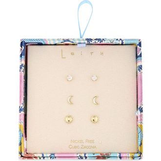 Leith 3-Pack Assorted CZ Celestial Stud Earrings in Clear- Gold at Nordstrom Rack