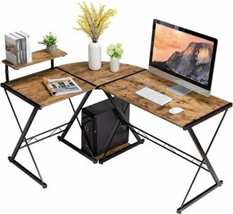 Costway Costway - Scrivania Angolare di Metallo e Legno, Scrivania per Computer con Alzata per Monitor e Ripiano, Scrivania Moderna e Salvaspazio per Casa e