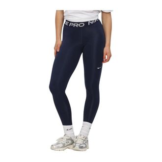 Nike Fitness, Dames, Blauw, L, Leer, Pro Mid-Rise Leggings met Mesh-Panels