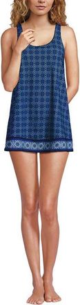 Lands End Scoop Neck Mini Swim Dress One Piece Swimsuit in Navy/cobalt Mosaic Geo Border at Nordstrom, Size 2X