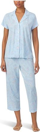 Lauren Ralph Lauren Knit Short Sleeve Notch Collar Cropped Pants Pajama Set Womens Pajama Sets Blue Paisley : XL (US 16-18), Cotton/Viscose