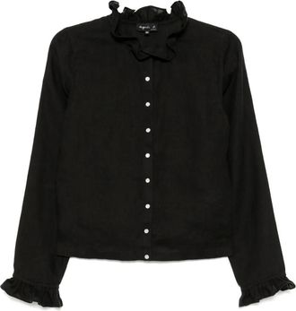 agnès b. ruffle-trim blouse - women - Linen/Flax - 36 - Black
