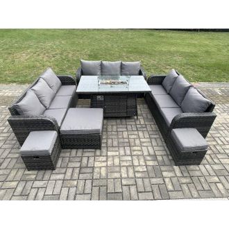Fimous Outdoor Rattan Furniture Garden Dining Set Gas Fire Pit Table With Lounge Sofa 3 Footstool - Fimous