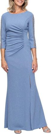 S.L. Fashions Beaded Illusion Sleeve Glitter Gown in Slate Blue at Nordstrom, Size 12P