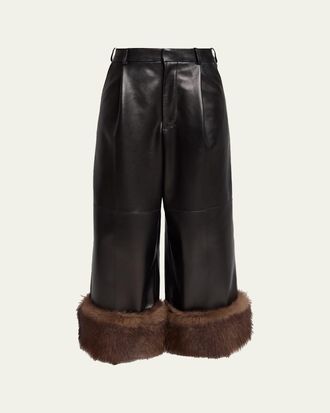 Loewe Turn-Up Shiny Leather Wide-Leg Ankle Trousers With Lamb Shearling Cuffs