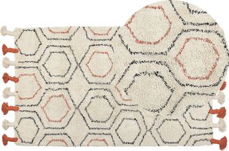 Beliani Alfombra De Algod&oacute;n Beige Naranja Negro 80 X 150 Cm A Mano Geom&eacute;trico Borlas Hajipur