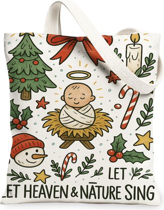 Generic Christmas Themed Canvas Tote Bags, Retro Holiday Design Lightweight Washable Shoulder Strap Reusable Grocery Bags for Trave, White, 13x15 Inch